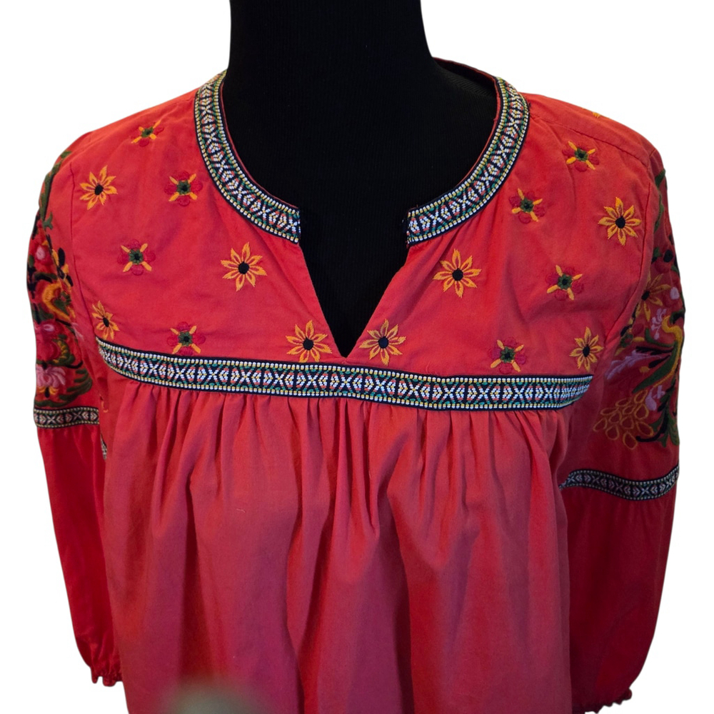 Crown & Ivy Red Embroidered Boho Peasant Top Floral Long Sleeve Blouse Size S - Picture 4 of 5